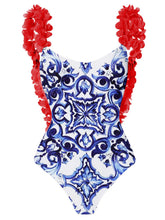 Load image into Gallery viewer, Floral Print Flower Strap One Piece With Bathing Suit Wrap Skirt