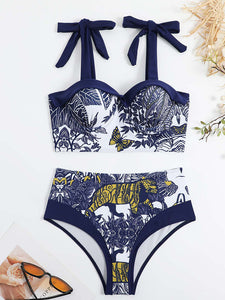 Animal Floral Print Strap Two Pieces With Bathing Suit Wrap Skirt