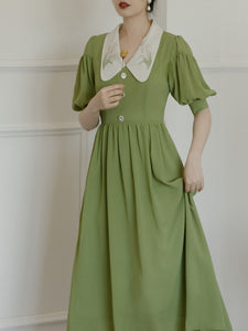 Green Chelsea  Floral Embroidered Collar Audrey Hepburn 1950S Dress