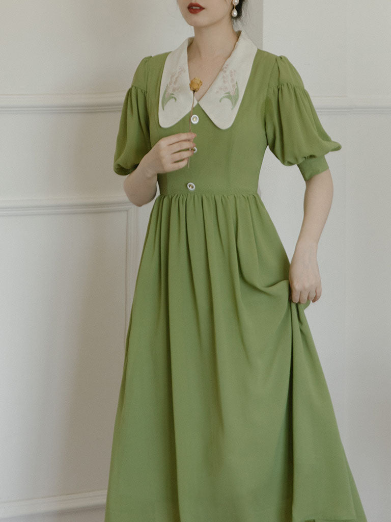 Green Chelsea  Floral Embroidered Collar Audrey Hepburn 1950S Dress