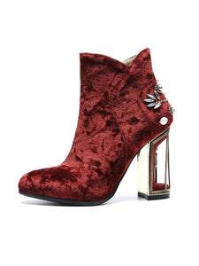 9CM Luxury Pearls And Diamonds Flowers Chunky High Heel Bootie Vintage Shoes