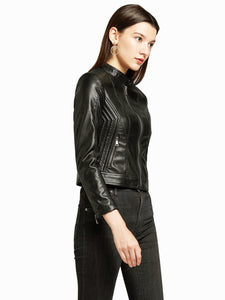 Women‘s Pu Leather Jacket Stand Collar Long Sleeve Coat