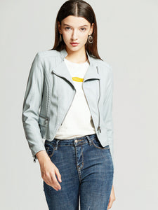 Women‘s Pu Leather Jacket Soft Blue Long Sleeve Coat