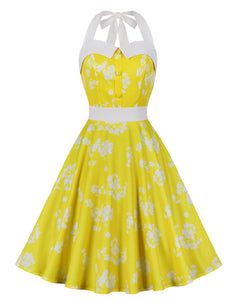 Light Blue Floral Print Halter High Waist 1950 Vintage Dress