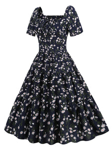 Square Neck Daisy Print Retro 1950S Dress