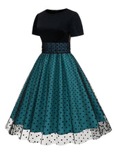 Load image into Gallery viewer, Black Crew Neck Polka Dots Embroidered Short Sleeve 50S Swing Dress