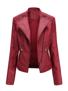 Women‘s Leather Jacket Weave Long Sleeve Winter Coat