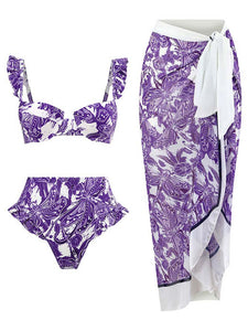 Floral Print Retro Style Strap Bikini Two Piece With Bathing Suit Wrap Skirt