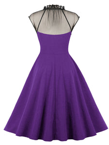 Purple Stand Ruffles Collar Semi-Sheer Sleeveless 1950S Vintage Dress