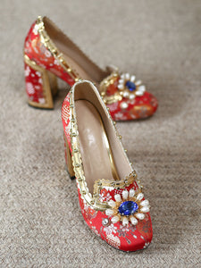 10CM Luxury Pearls And Diamonds Chunky Heels Retro Shoes