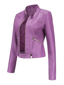 Crop Coat Long Sleeve PU Leather Motorcycle Jacket