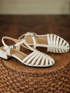 Women's Flats Sandals Pointed Toe Hollow Belt Leather Vintage Shoes