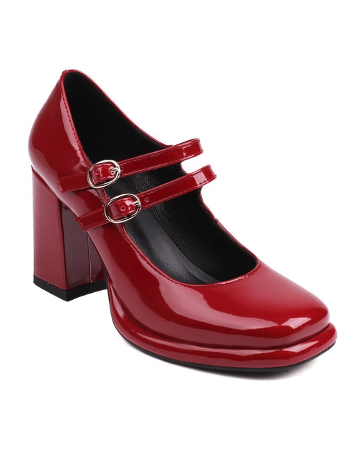 8CM High Heel Wine Red Square-Toe Platform Mary Jane Pump