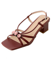 Load image into Gallery viewer, Women&#39;s Low Heel Sandals Square Toe Rose Leather Vintage Shoes