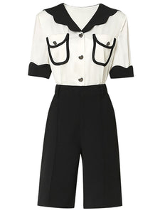 2PS White Wavy Petal Lapel Straight Short-sleeved Shirt Five-point Shorts Suit