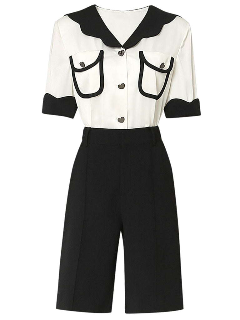 2PS White Wavy Petal Lapel Straight Short-sleeved Shirt Five-point Shorts Suit