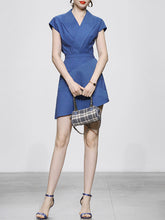 Load image into Gallery viewer, 2PS Blue Vertical Striped Lapel Sleeveless Slim Top High Waist Asymmetric Short Skirt Set