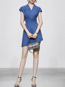 2PS Blue Vertical Striped Lapel Sleeveless Slim Top High Waist Asymmetric Short Skirt Set