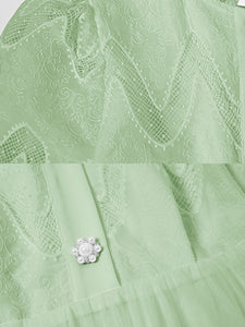 Apricot Stand Collar Puff Sleeve Mesh Pleated Dress