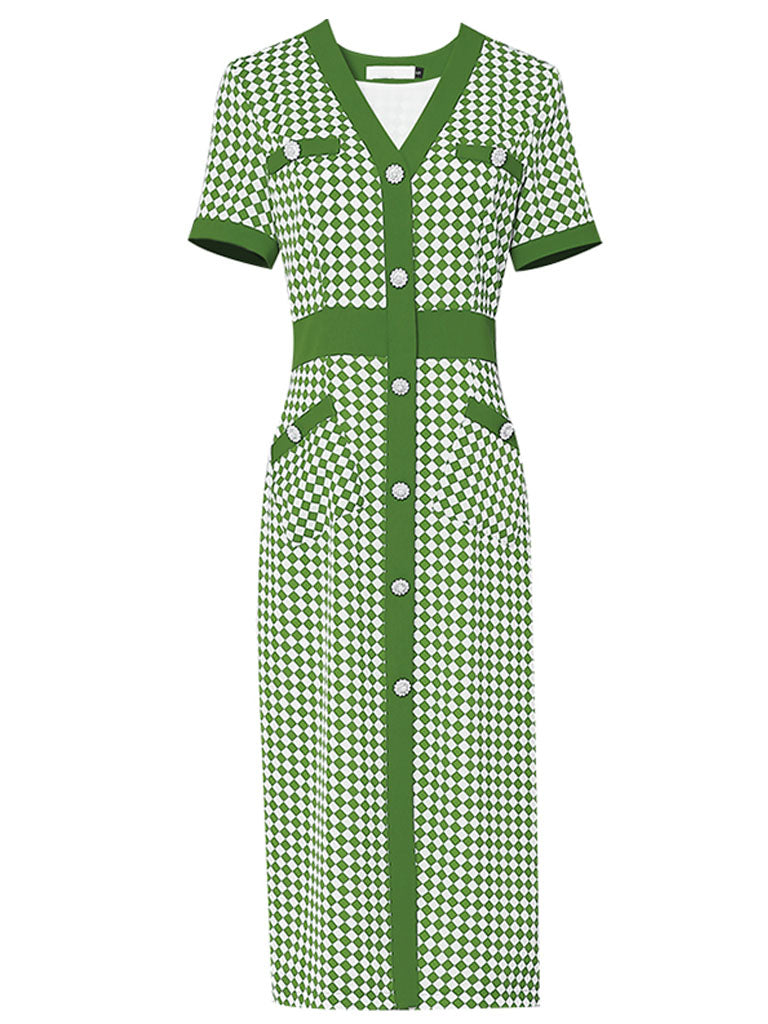 Green V Neck Checkerboard Print Short Sleeve 1940S Vintage Dress With Pockets, Green / L