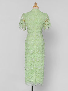 Green Heavy Lace Fabric Embroidered Tassel 1940S Vintage Dress