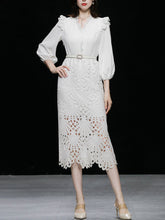 Load image into Gallery viewer, Green V Neck  3/4 Sleeve Lace 1960S Dress
