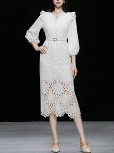 Green V Neck  3/4 Sleeve Lace 1960S Dress