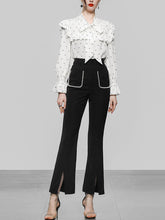 Load image into Gallery viewer, 2PS White V Neck Ruffles Long Sleeve Top With High Waist Wide Leg Pants Suit