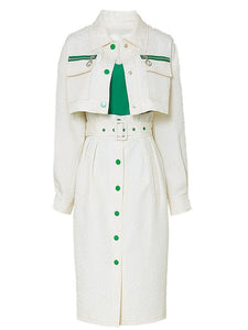 3PS White Turn-down Collar Long Sleeve Coat With White Skirt Suits