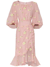 Load image into Gallery viewer, 3 Color Crew Neck Lantern Sleeve Ruffle Embroidered Beaded Fishtail Vintage Dress