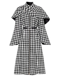 2PS Stand Collar Flared Sleeve  Houndstooth Wool Coat With Retrievable Cape