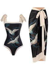 Load image into Gallery viewer, Black Crane Print Flower Strap One Piece With Bathing Suit Wrap Skirt
