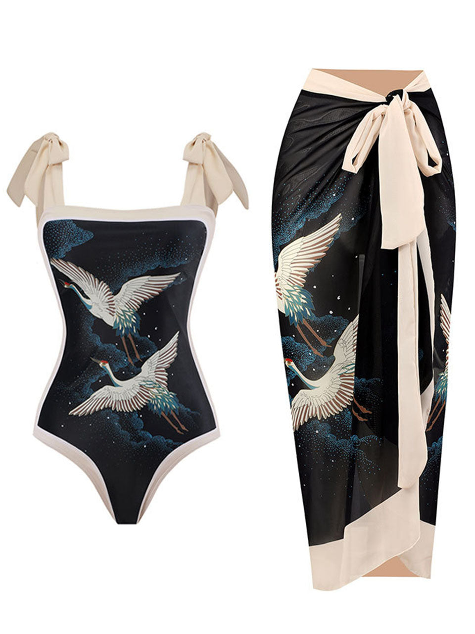 Black Crane Print Flower Strap One Piece With Bathing Suit Wrap Skirt