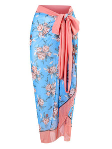 Floral Print Retro Style V Neck One Piece With Bathing Suit Wrap Skirt