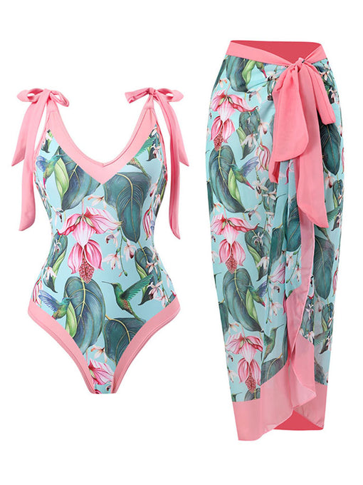 Floral Print Retro Style V Neck One Piece With Bathing Suit Wrap Skirt