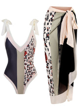 Load image into Gallery viewer, Floral Print Retro Style V Neck One Piece With Bathing Suit Wrap Skirt
