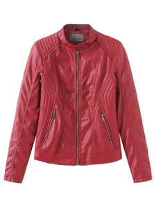 Women‘s Pu Leather Jacket Stand Collar Long Sleeve Coat