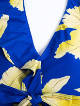 Load image into Gallery viewer, Blue Floral Print Ruffles Strap One Piece With Bathing Suit Wrap Skirt