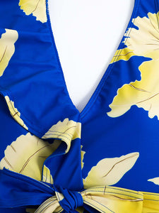Blue Floral Print Ruffles Strap One Piece With Bathing Suit Wrap Skirt