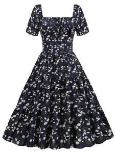 Square Neck Daisy Print Retro 1950S Dress