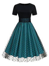 Load image into Gallery viewer, Black Crew Neck Polka Dots Embroidered Short Sleeve 50S Swing Dress