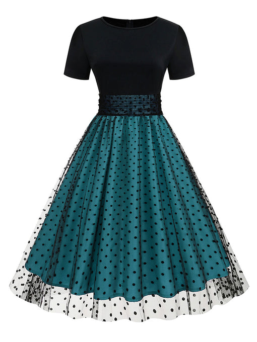 Black Crew Neck Polka Dots Embroidered Short Sleeve 50S Swing Dress