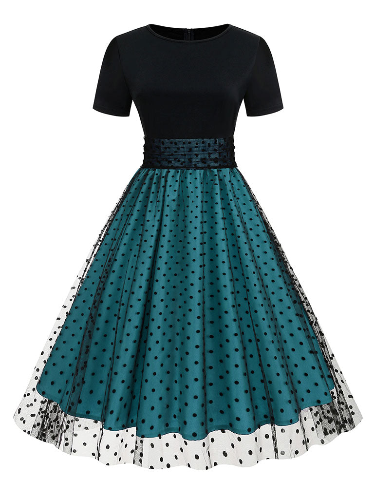 Black Crew Neck Polka Dots Embroidered Short Sleeve 50S Swing Dress