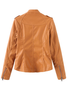 Brown Long Sleeve PU Leather Soft Jacket For Women