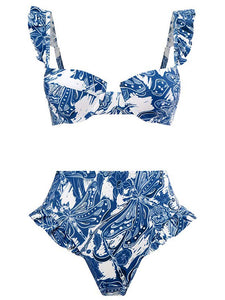 Floral Print Retro Style Strap Bikini Two Piece With Bathing Suit Wrap Skirt