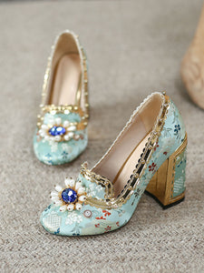 10CM Luxury Pearls And Diamonds Chunky Heels Retro Shoes