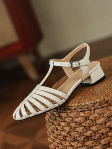 Women's Flats Sandals Pointed Toe Hollow Belt Leather Vintage Shoes