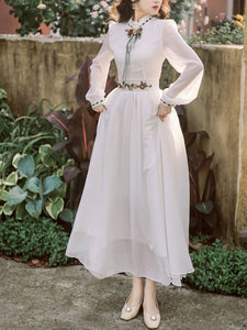 Yellow Flower Embroidered Puff Long Sleeve Edwardian Revival Dress