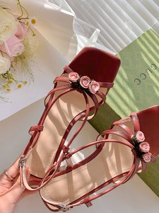 Women's Low Heel Sandals Square Toe Rose Leather Vintage Shoes