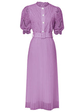 Load image into Gallery viewer, Apricot Stand Collar Puff Sleeve Mesh Pleated Dress